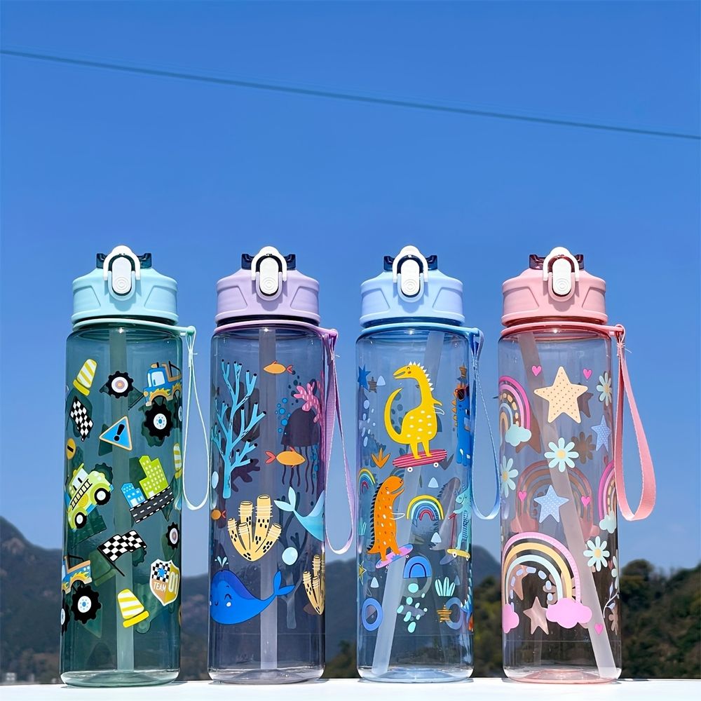 Bouteille colorée pour enfants avec paille, motif monde sous-marin (poissons et récif)