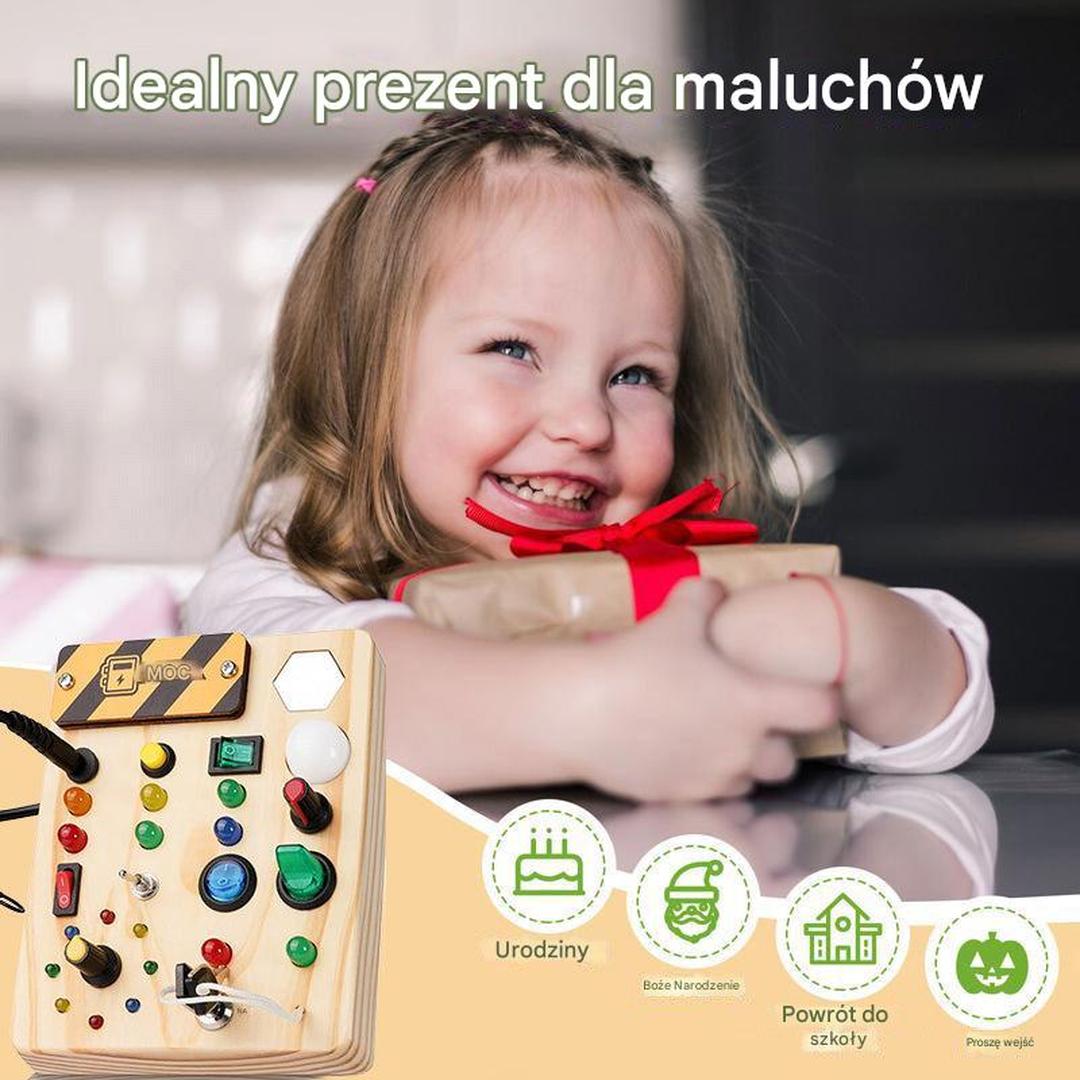 Drewniana tablica aktywności, panel sensoryczny z przełącznikami i przyciskami