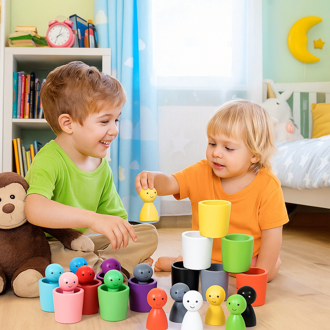 Drewniana Zabawka Edukacyjna – Kubeczki do Sortowania Kolorów