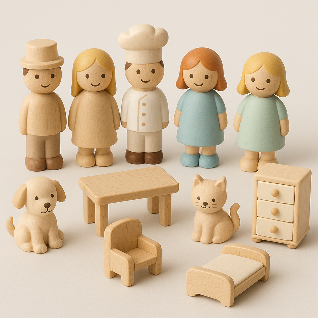 Drewniany Zestaw Figurek – Postacie z Akcesoriami do Zabawy Tematycznej