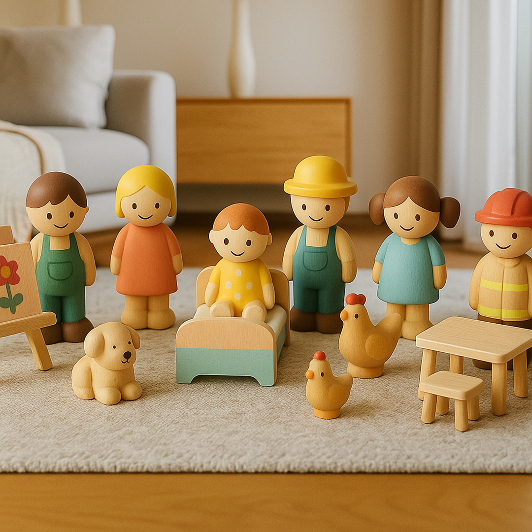 Drewniany Zestaw Figurek – Postacie z Akcesoriami do Zabawy Tematycznej