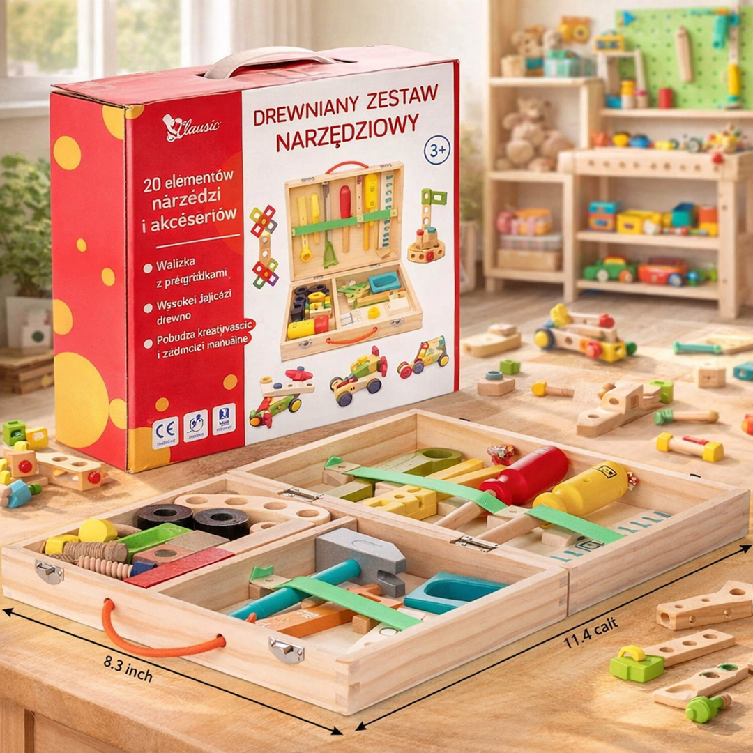 Drewniany zestaw narzędzi dla dzieci – Zestaw do wczesnej nauki i kreatywnej zabawy