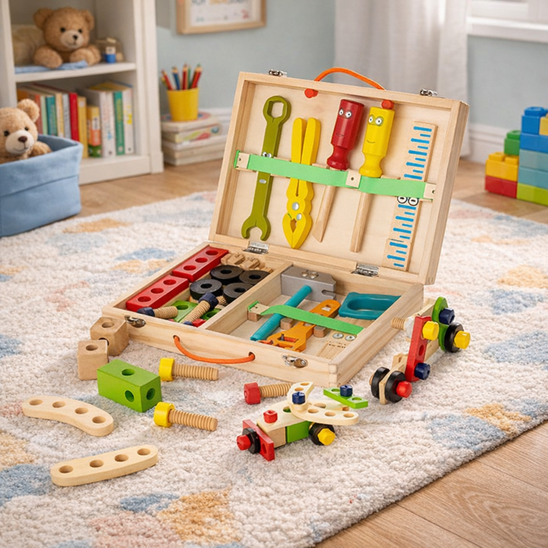Drewniany zestaw narzędzi dla dzieci – Zestaw do wczesnej nauki i kreatywnej zabawy