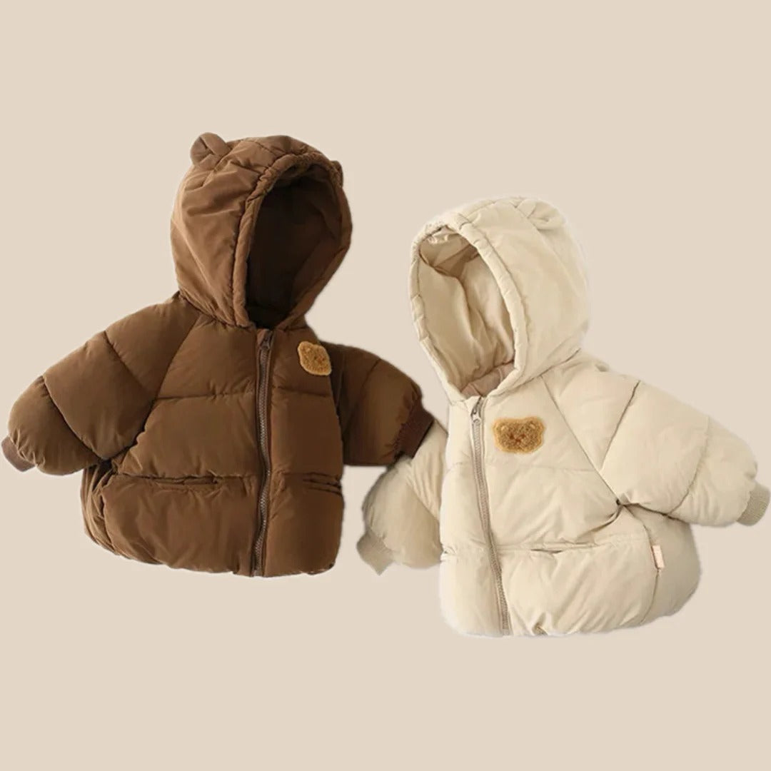 Płaszcz zimowy dla dzieci, kaptur z motywem misia