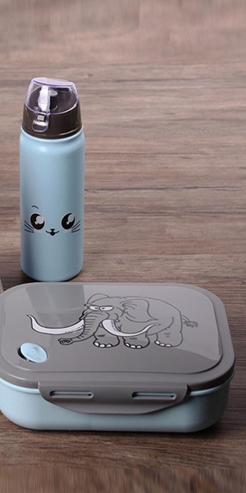 Ensemble boîte à lunch + bouteille d'eau pour enfants, motif éléphant, 4 compartiments