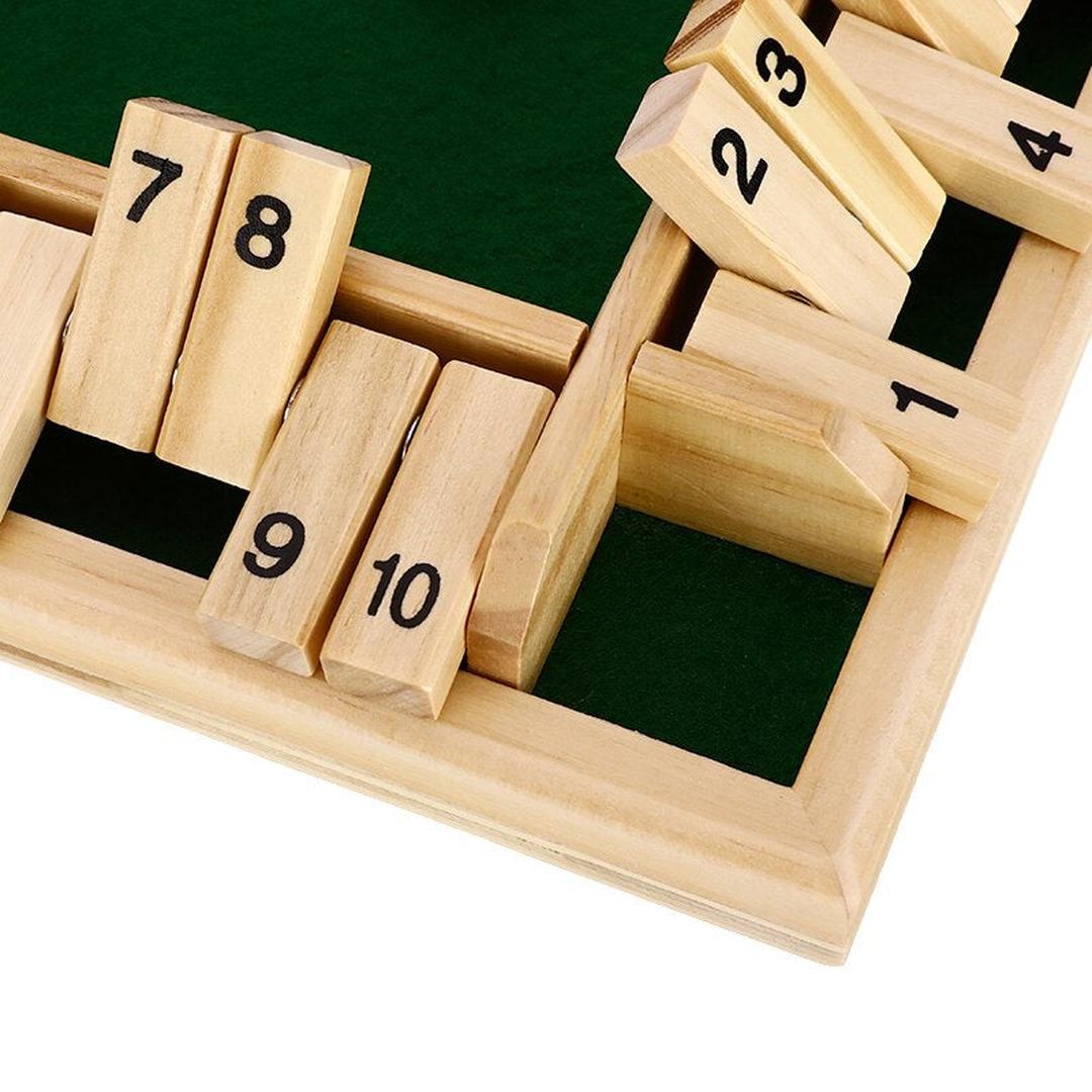 Drewniana gra Shut the Box, klasyczna rodzinna gra z kostkami