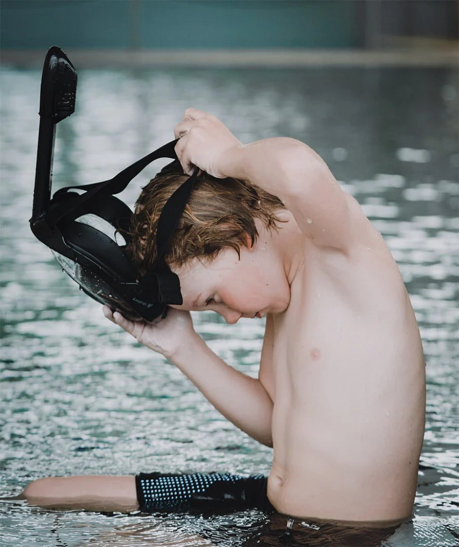 Maska do nurkowania dla dzieci, pełna twarz, widoczność 180° z systemem dry top