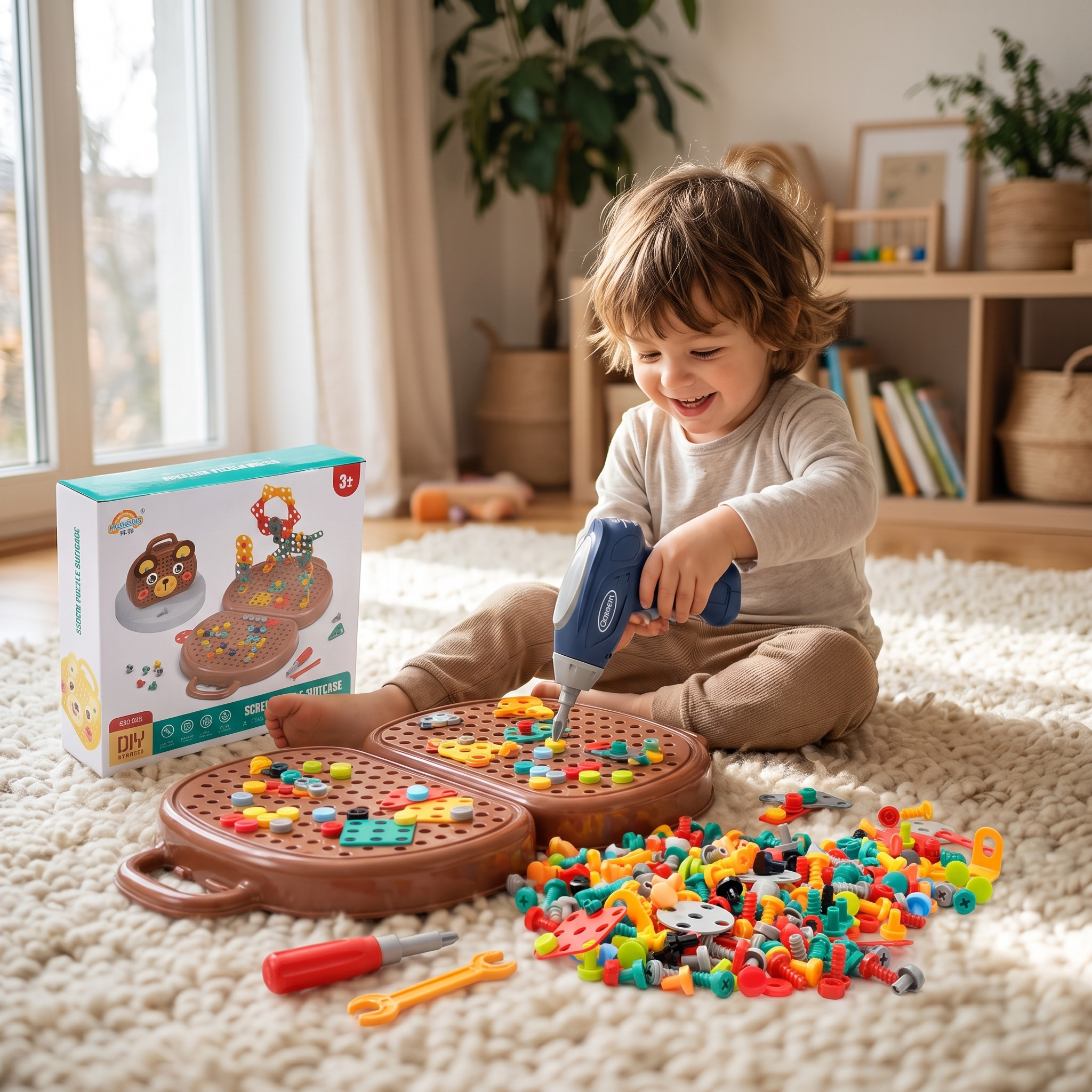 Drewniana skrzynka narzędziowa Montessori – zestaw konstrukcyjny dla dzieci