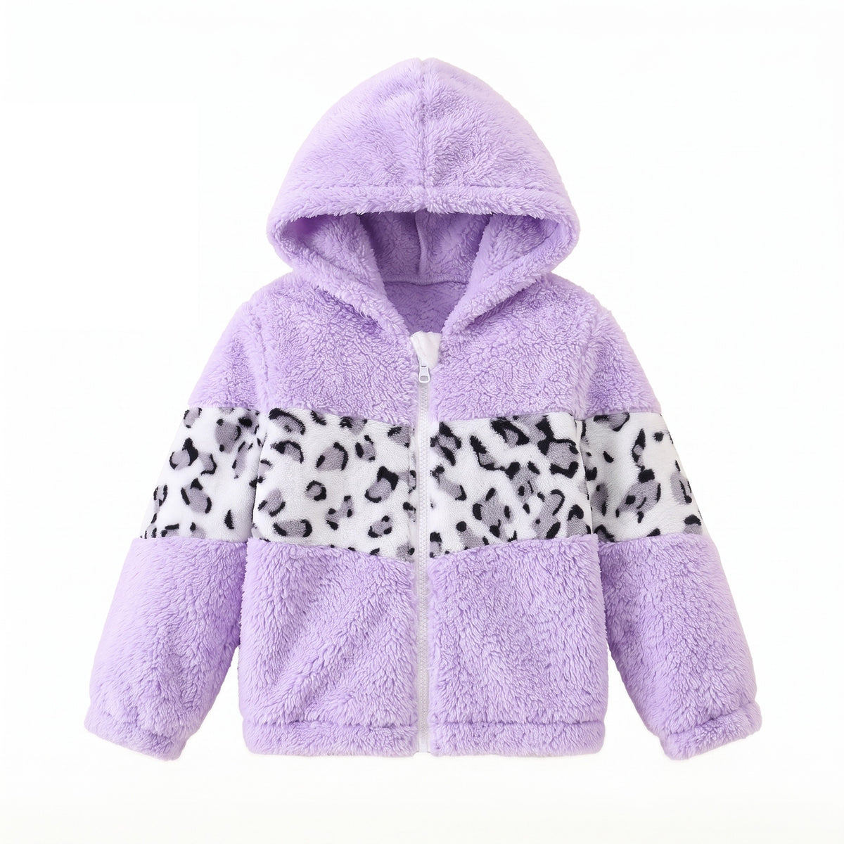 Bluza dziewczęca z pluszu sherpa z kapturem w cętki, lawendowy