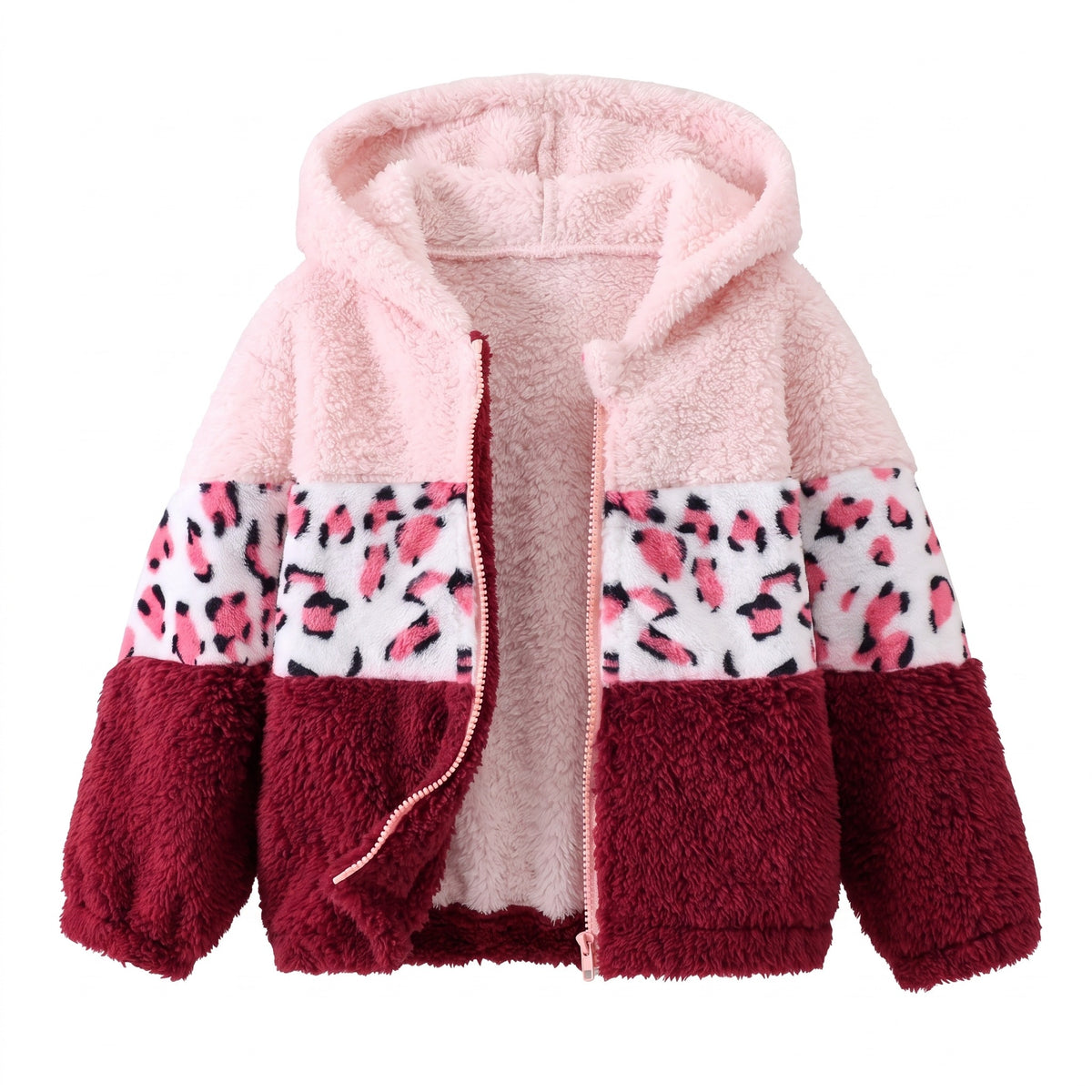 Bluza dziewczęca z pluszu sherpa z kapturem w cętki, bordowy