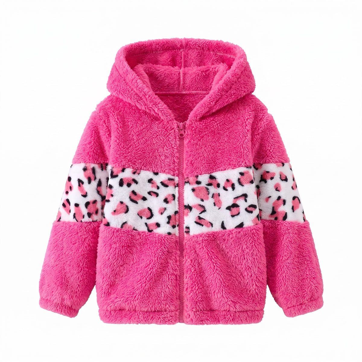 Bluza dziewczęca z pluszu sherpa z kapturem w cętki, ciemnoróżowy