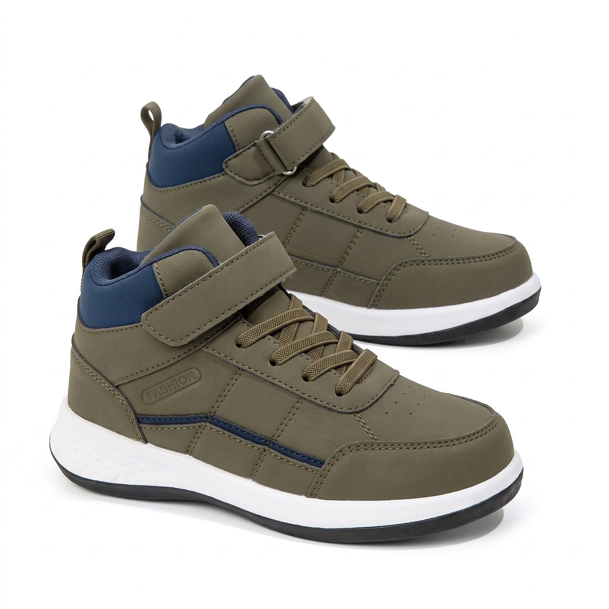 Buty sportowe wysokie dziecięce na rzepy i sznurówki, khaki