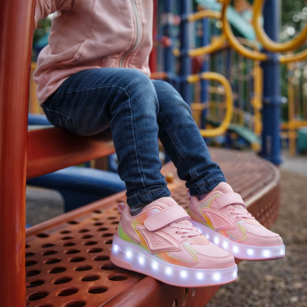 Buty z kółkami i podświetlaną podeszwą, buty różowe na nogach
