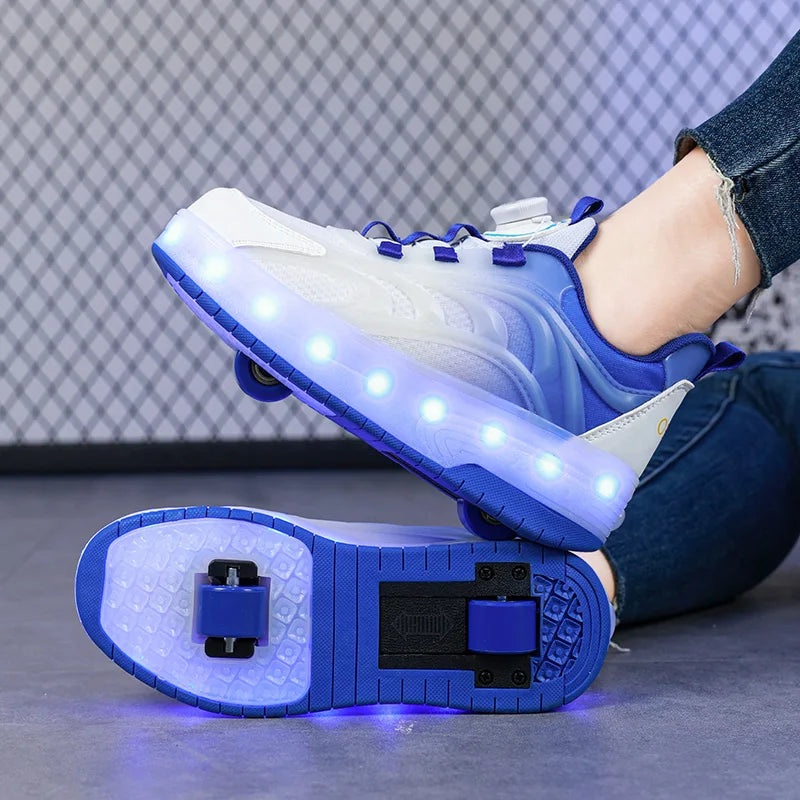 Buty z kółkami i podświetlaną podeszwą, kółka w podeszwie