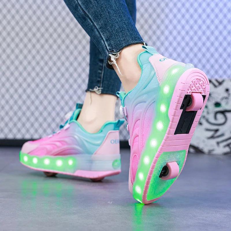 Buty z kółkami i podświetlaną podeszwą, jazda na kółkach