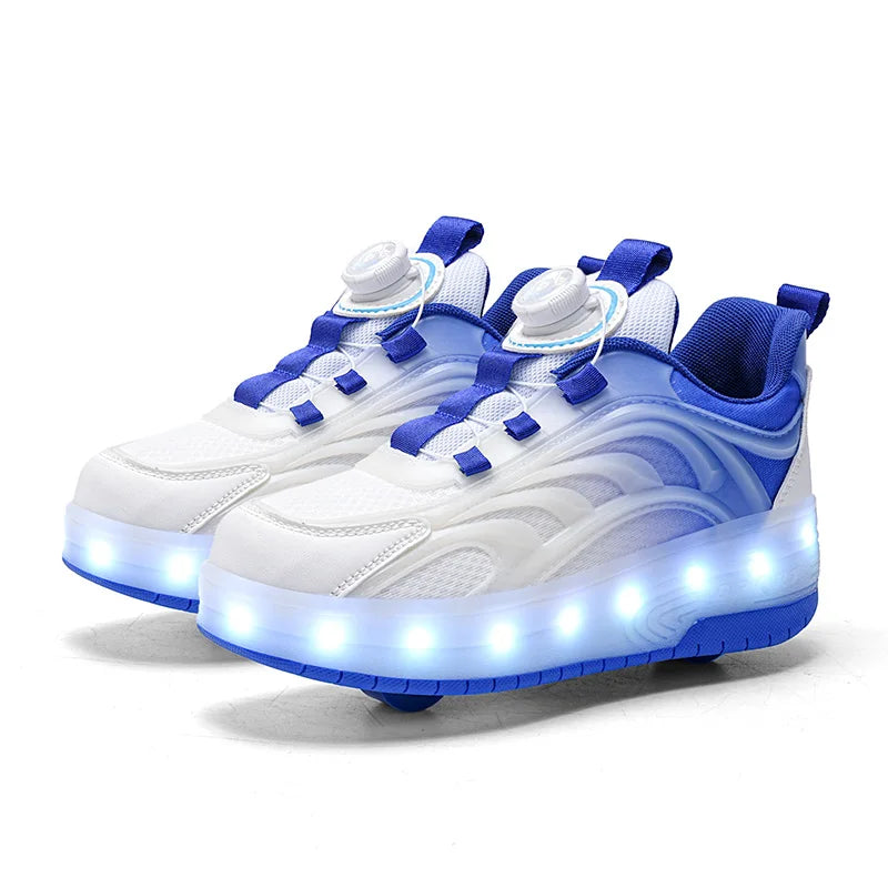 Buty z kółkami i podświetlaną podeszwą, wzór biało-niebieski