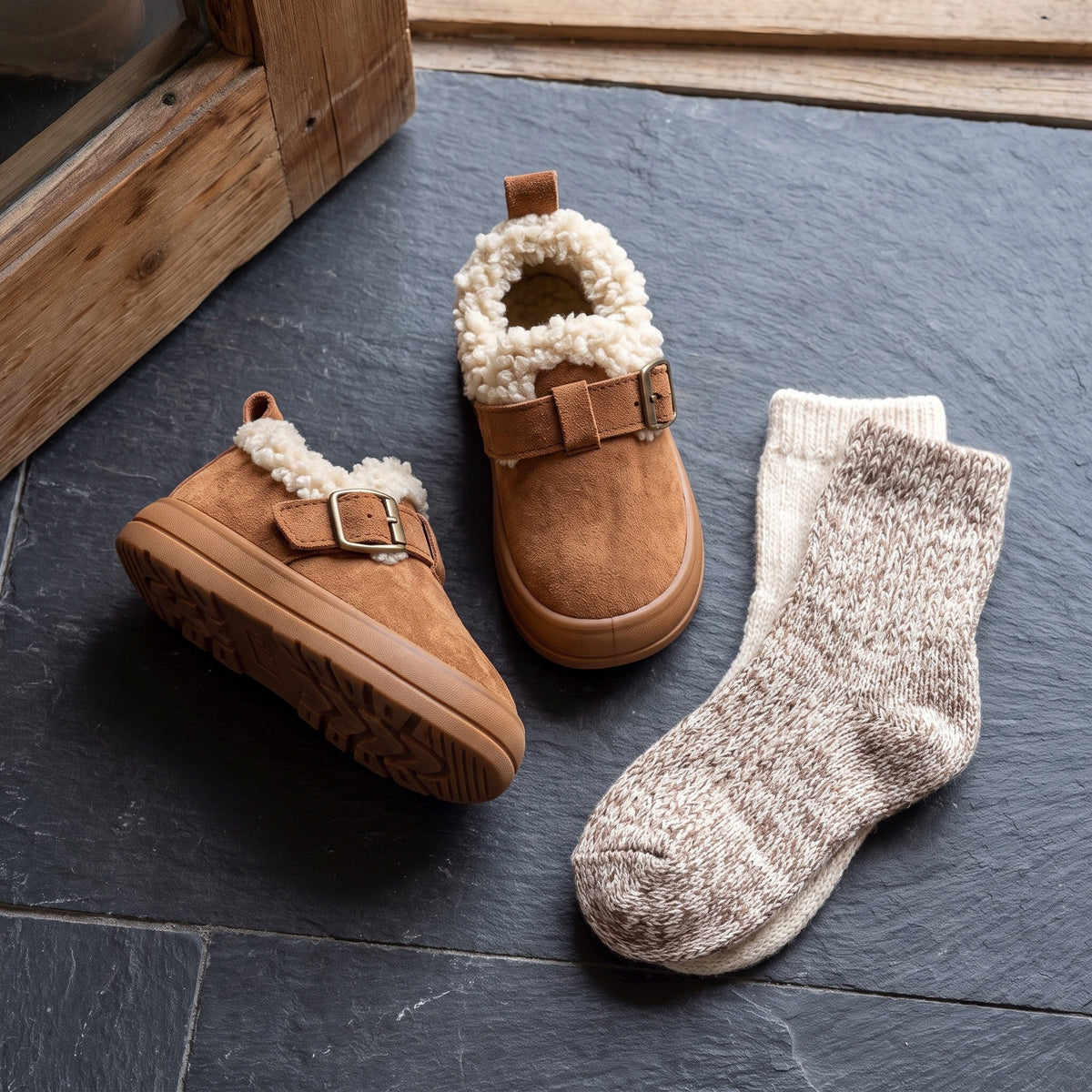 Buty zimowe dziecięce z kożuszkiem i sprzączką