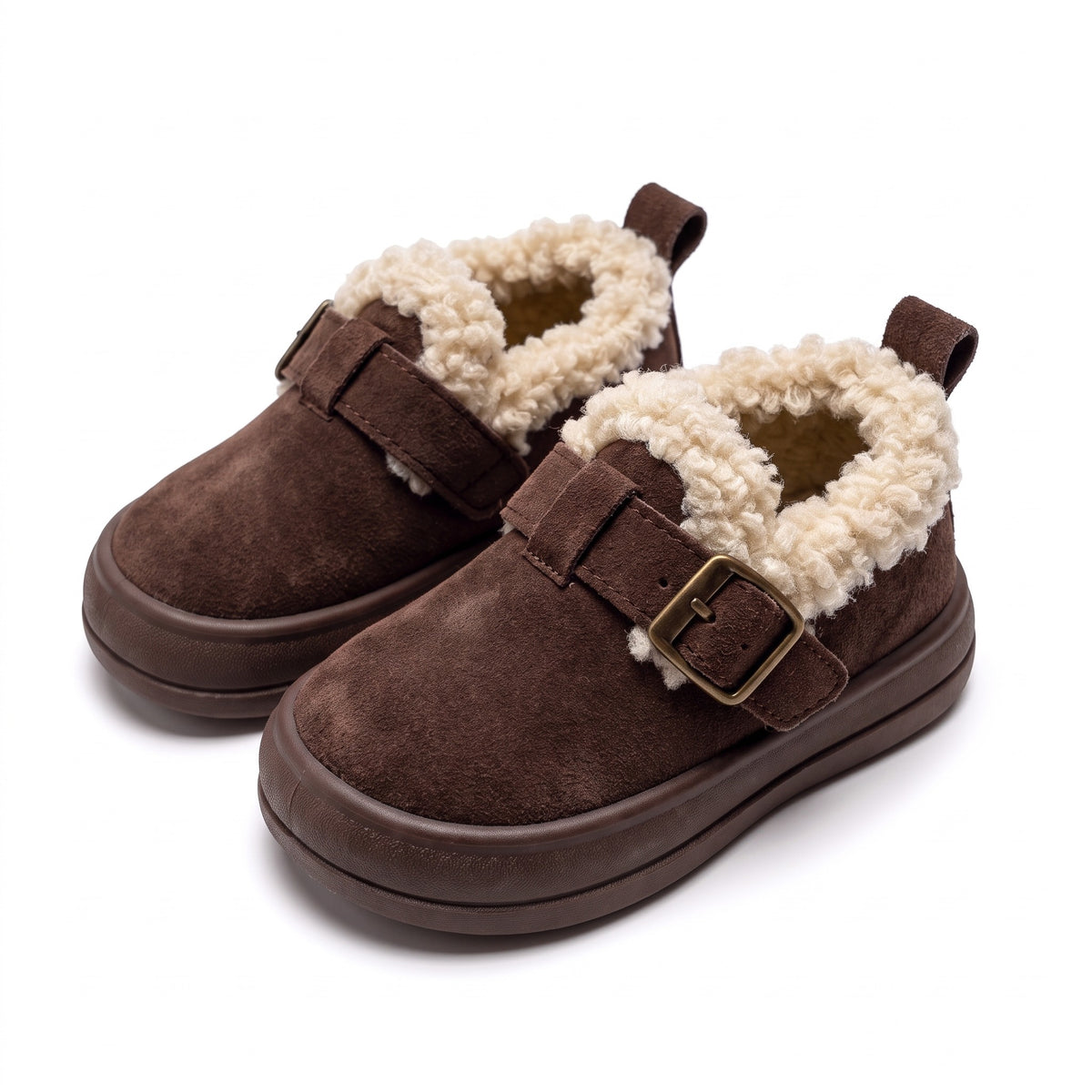 Buty zimowe dziecięce z kożuszkiem i sprzączką, ciemnobrązowy