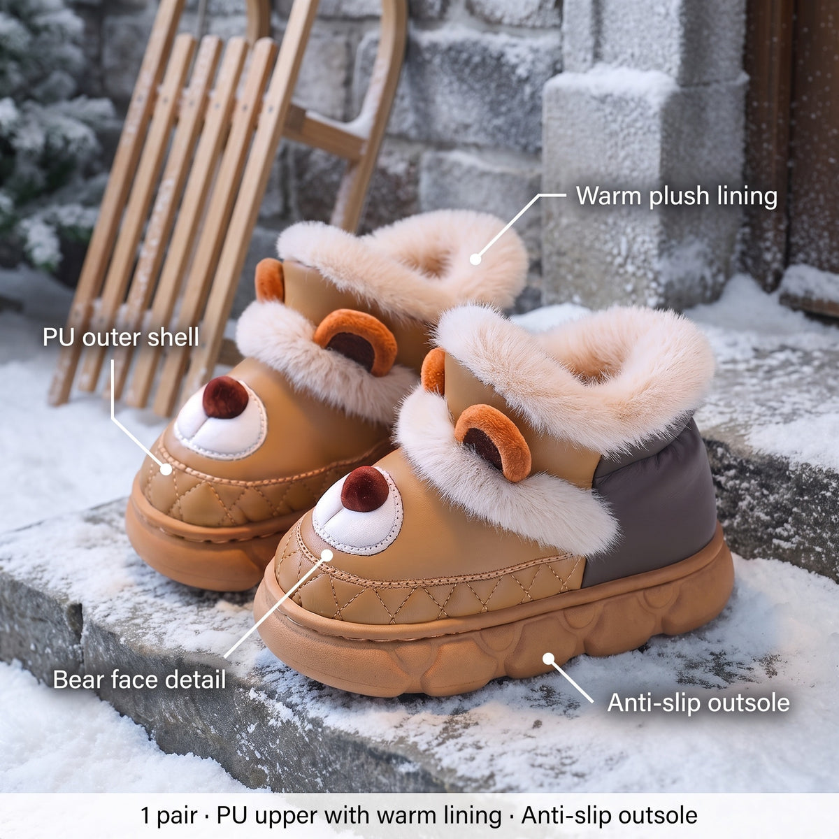 Buty zimowe dziecięce z misiem i futerkiem