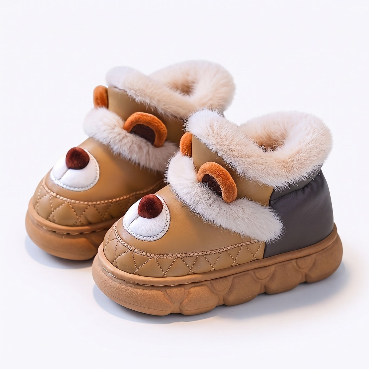 Buty zimowe dziecięce z misiem i futerkiem, brązowy