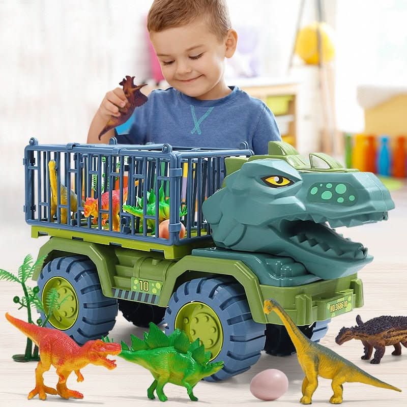 Ciężarówka dinozaur z klatką, chłopiec z ciężarówką