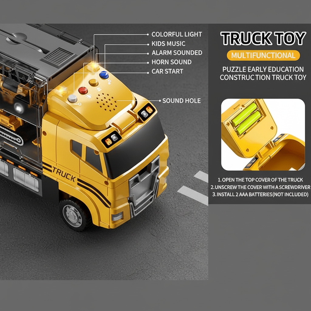 Ciężarówka transporter z maszynami budowlanymi, przyciski w kabinie