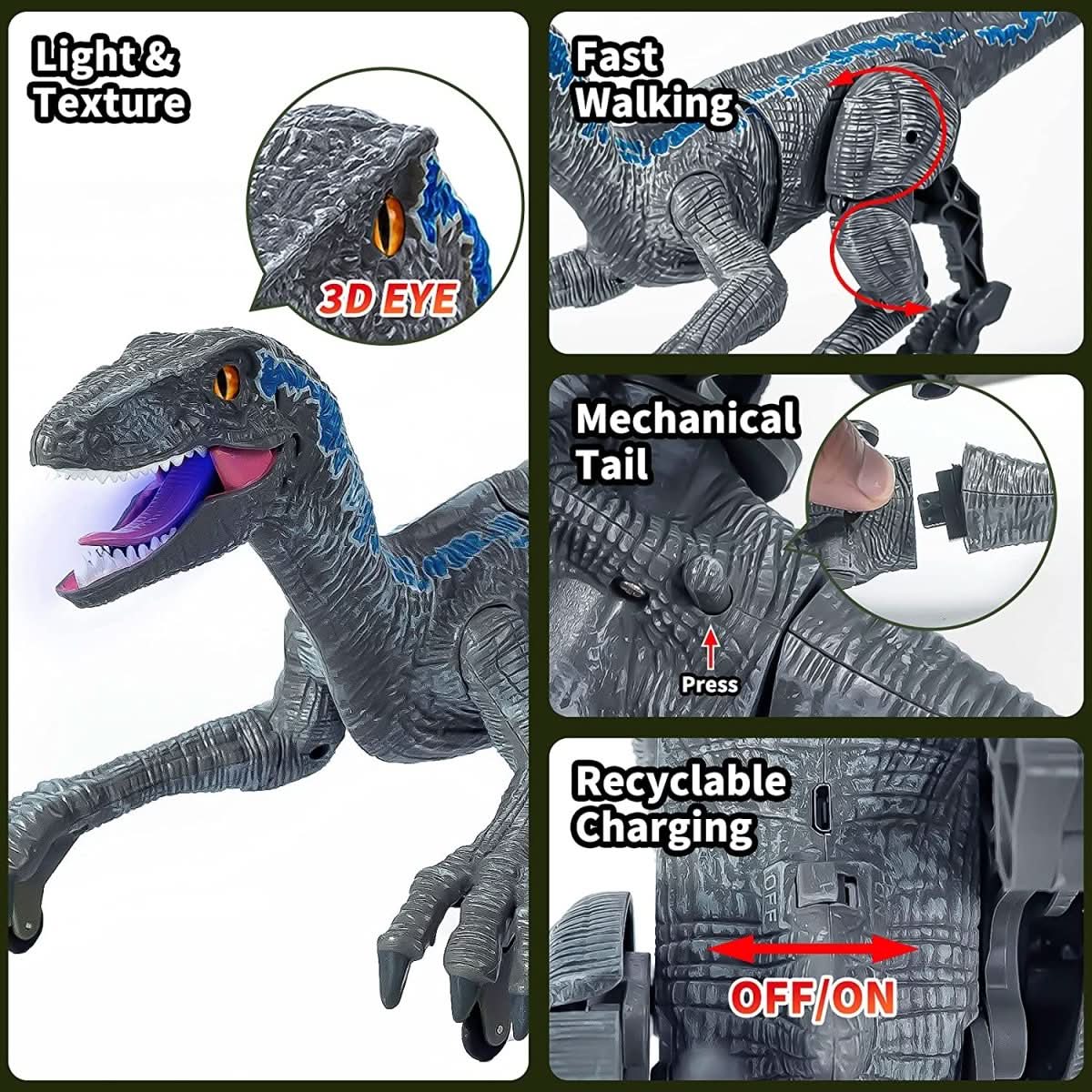 Dinozaur zdalnie sterowany welociraptor, funkcje zabawki