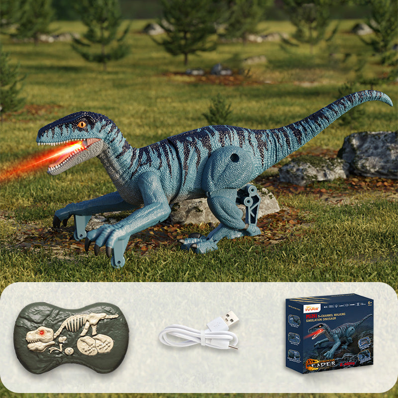 Dinozaur zdalnie sterowany z funkcją mgiełki, welociraptor niebieski z zestawem