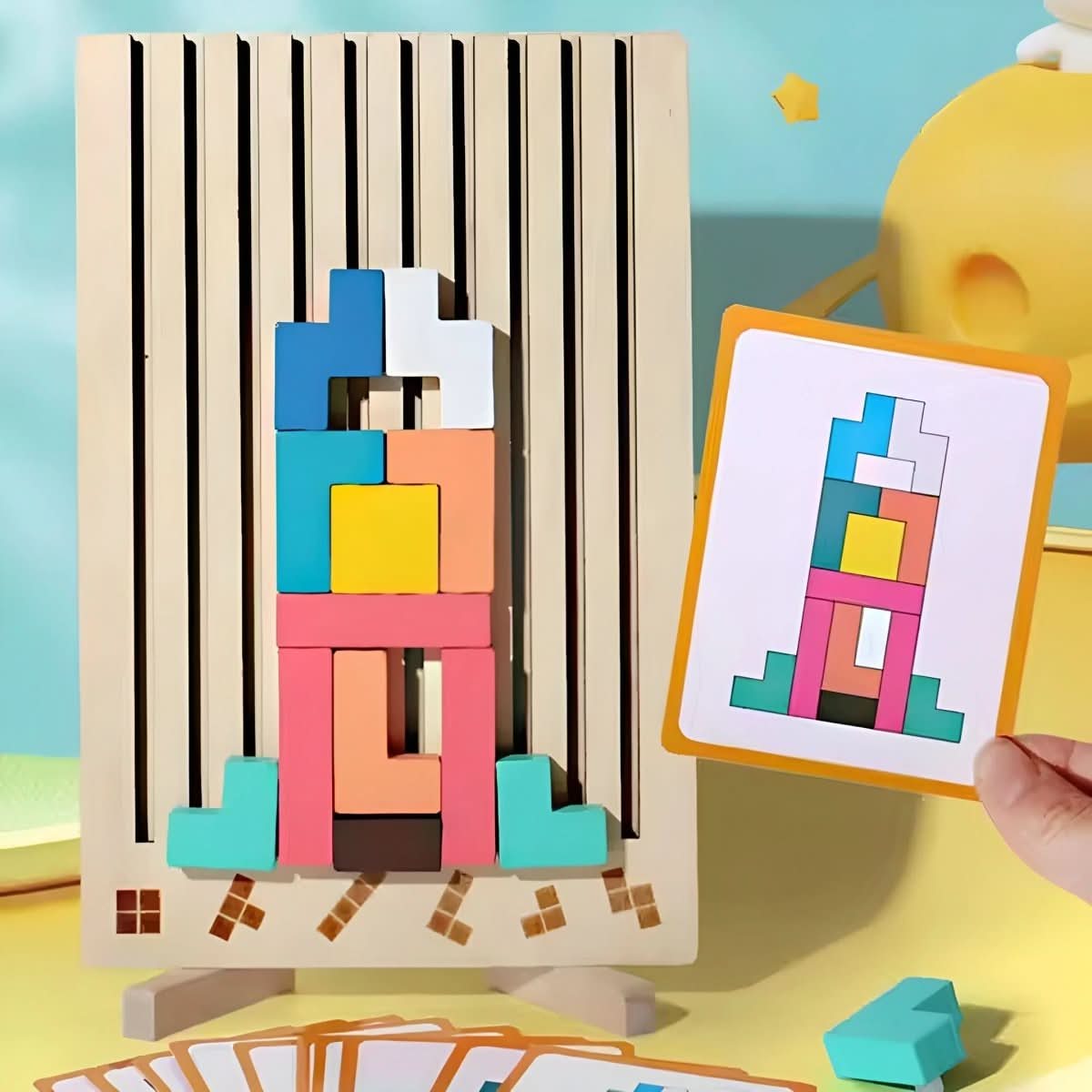 Drewniana układanka tetris z tablicą, karta z układem