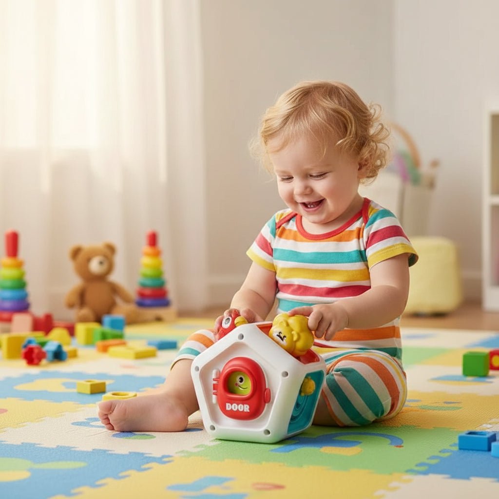 Interaktywna kostka sensoryczna 6w1, dziecko bawi się kostką