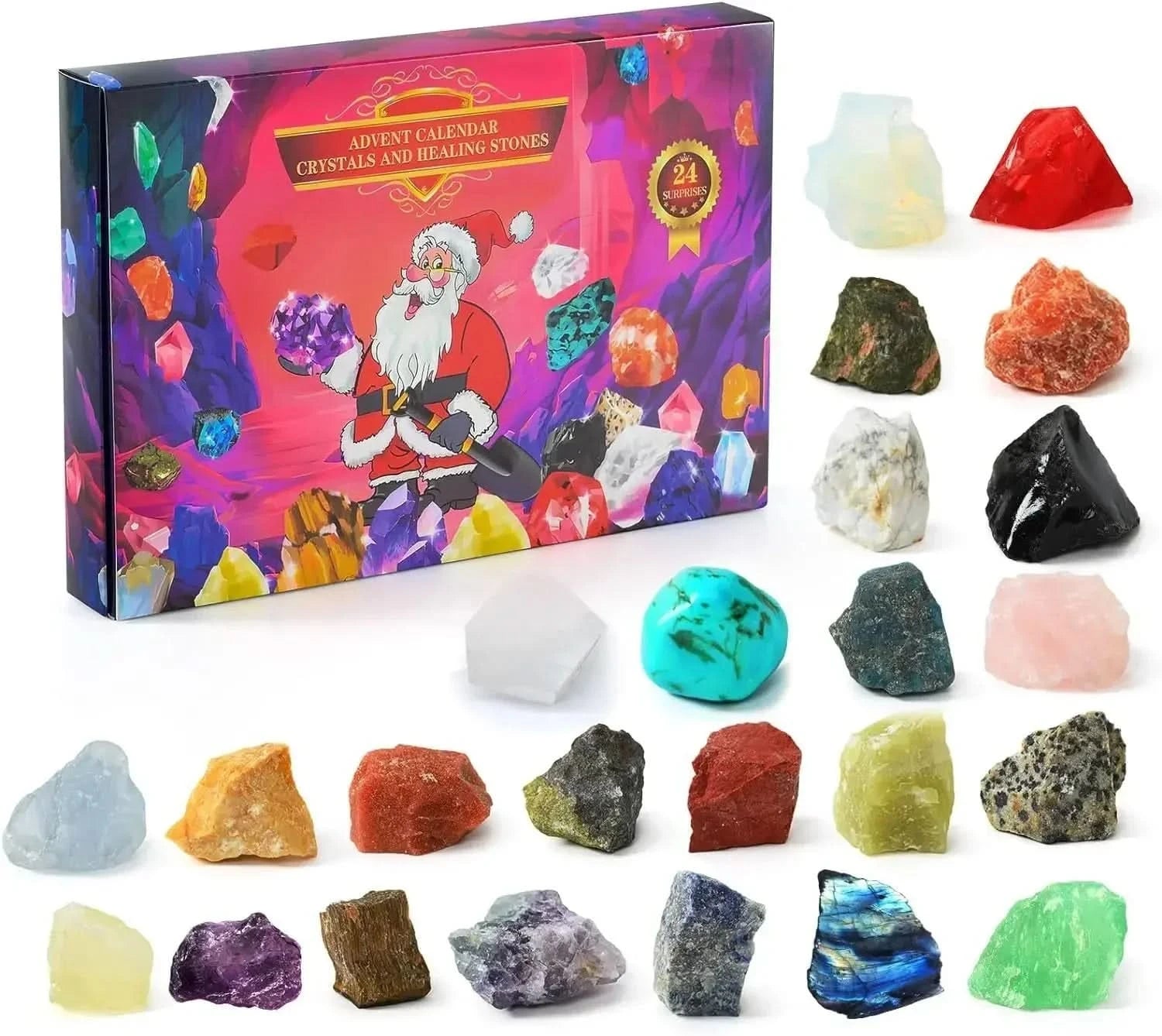 Kalendarz adwentowy z minerałami, kamienie surowe z pudełkiem