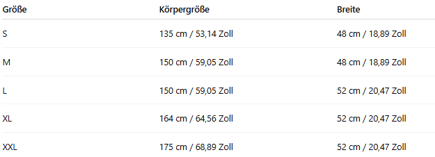 Koc rekin z kapturem, tabela rozmiarów
