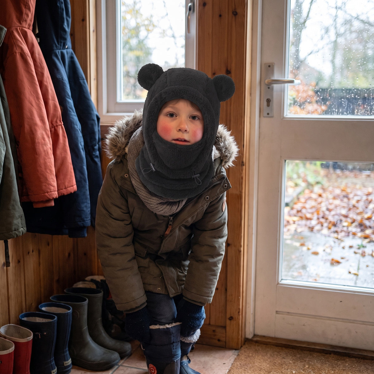 Kominiarka dziecięca polarowa z uszami misia, czarny, na dziecku