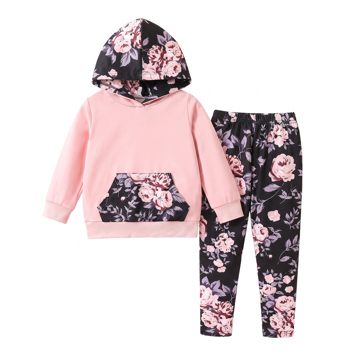 Komplet dziewczęcy bluza z kapturem i legginsy w kwiaty, różowy z czarnym w kwiaty