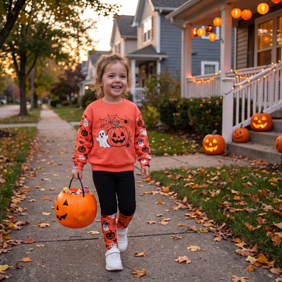 Komplet dziewczęcy na Halloween z duszkami, bluza i legginsy, lifestyle