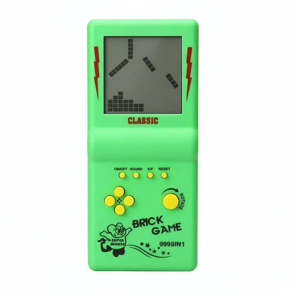 Konsola retro z grą w klocki, konsola zielona