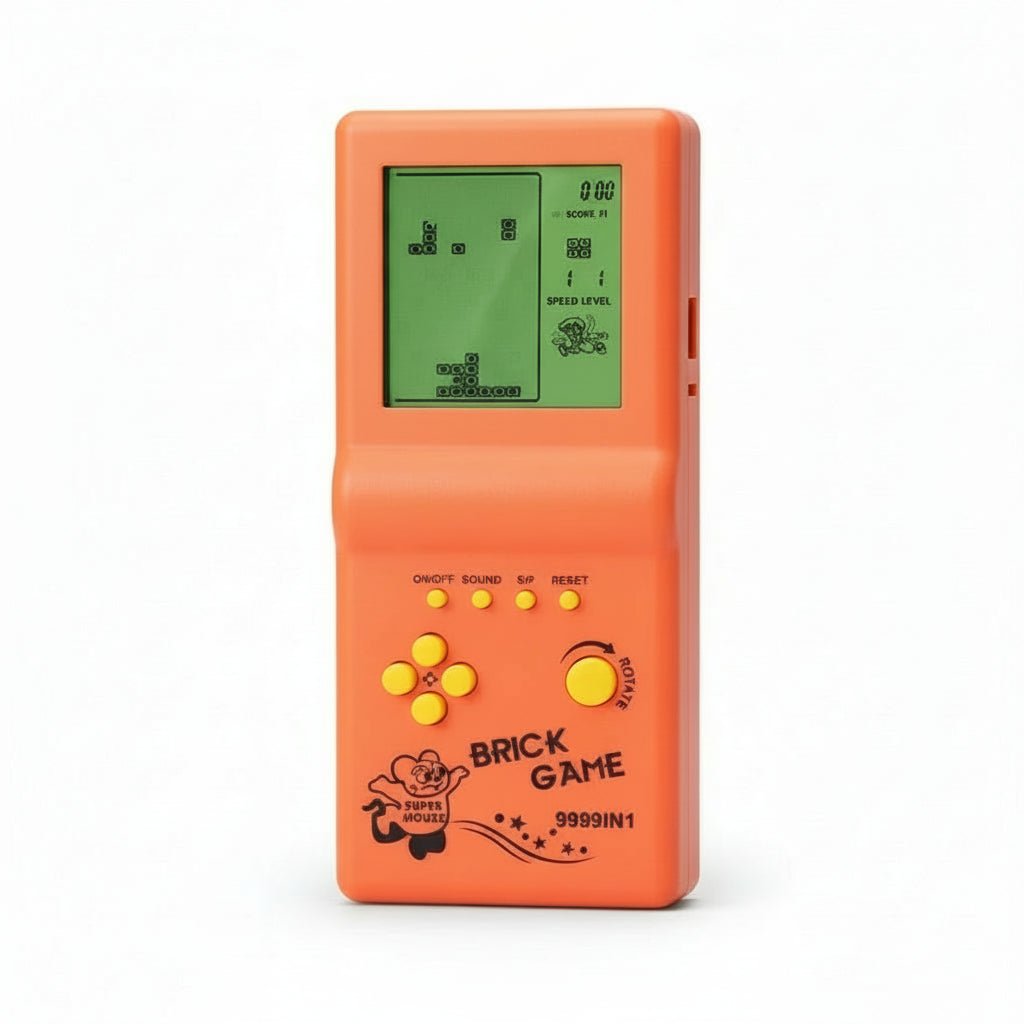 Konsola retro z grą w klocki, konsola pomarańczowa