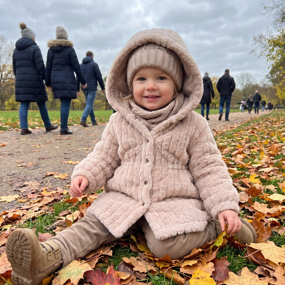 Kurtka dziewczęca pluszowa z kapturem na guziki, beżowy, na dziecku