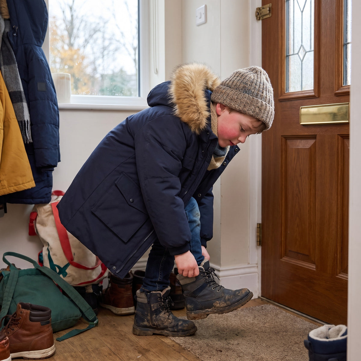 Parka zimowa chłopięca z kapturem z futrem, granatowy, na dziecku