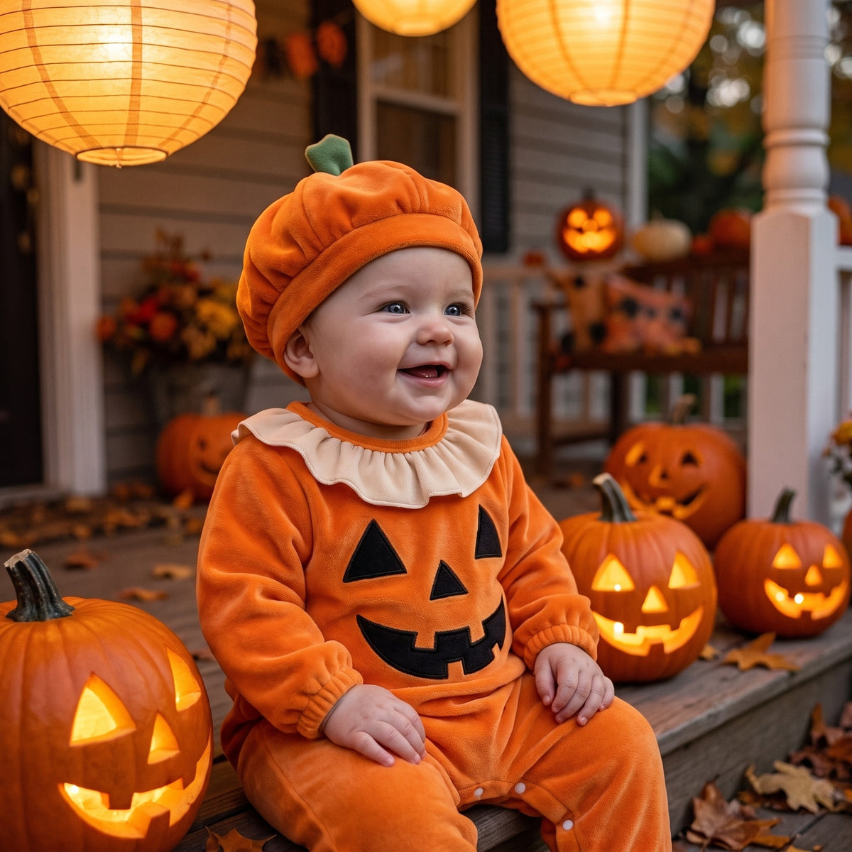 Pajacyk niemowlęcy na Halloween z czapką dynią, lifestyle