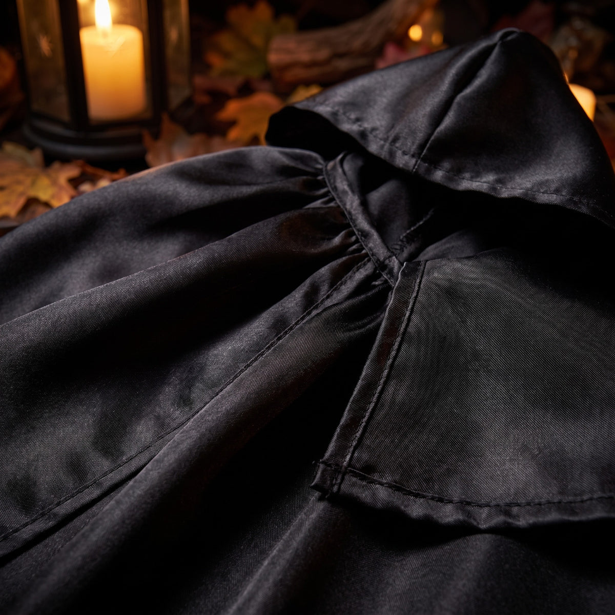 Peleryna z kapturem i maska na oczy na Halloween, detail macro