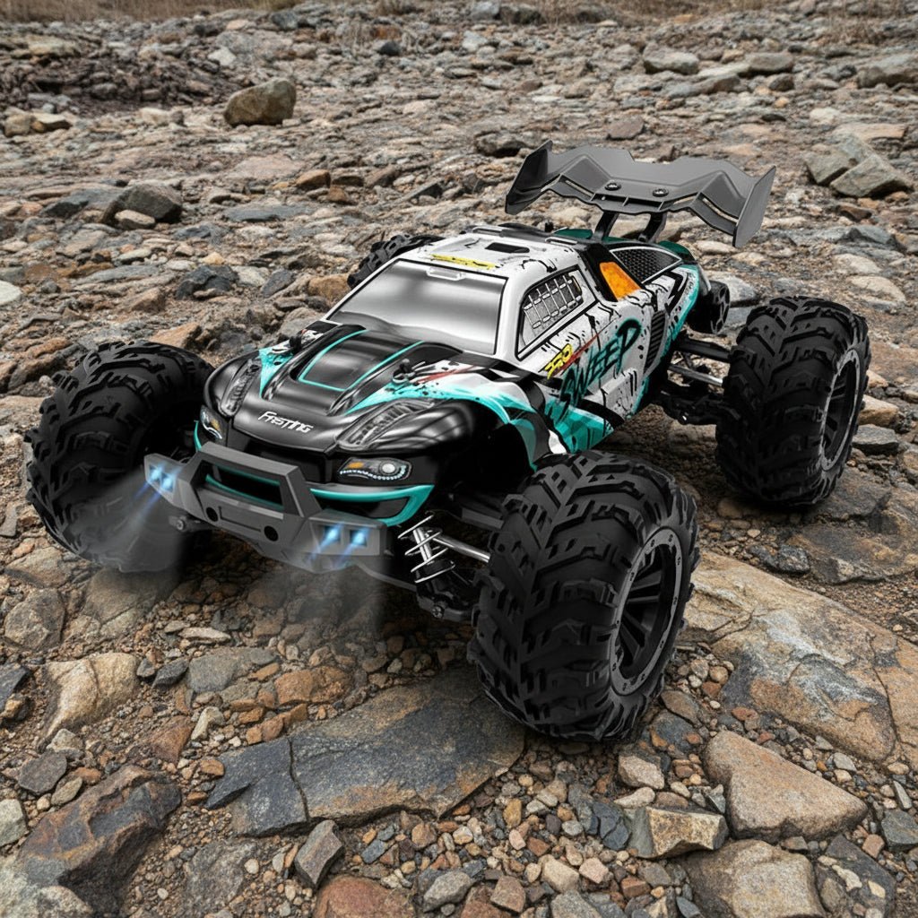 Samochód zdalnie sterowany 1:16 offroad, model miętowy na kamieniach