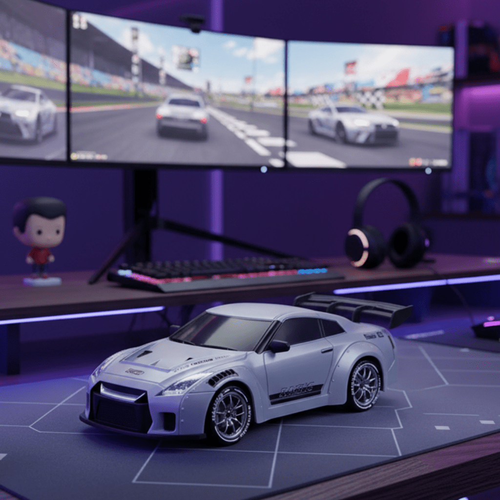 Samochód zdalnie sterowany do driftu 1:24, model przy konsoli
