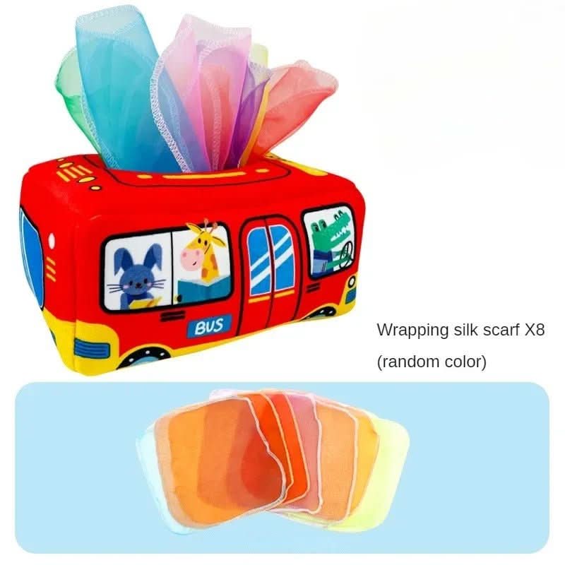 Sensoryczne pudełko z chustkami, autobus i chustki