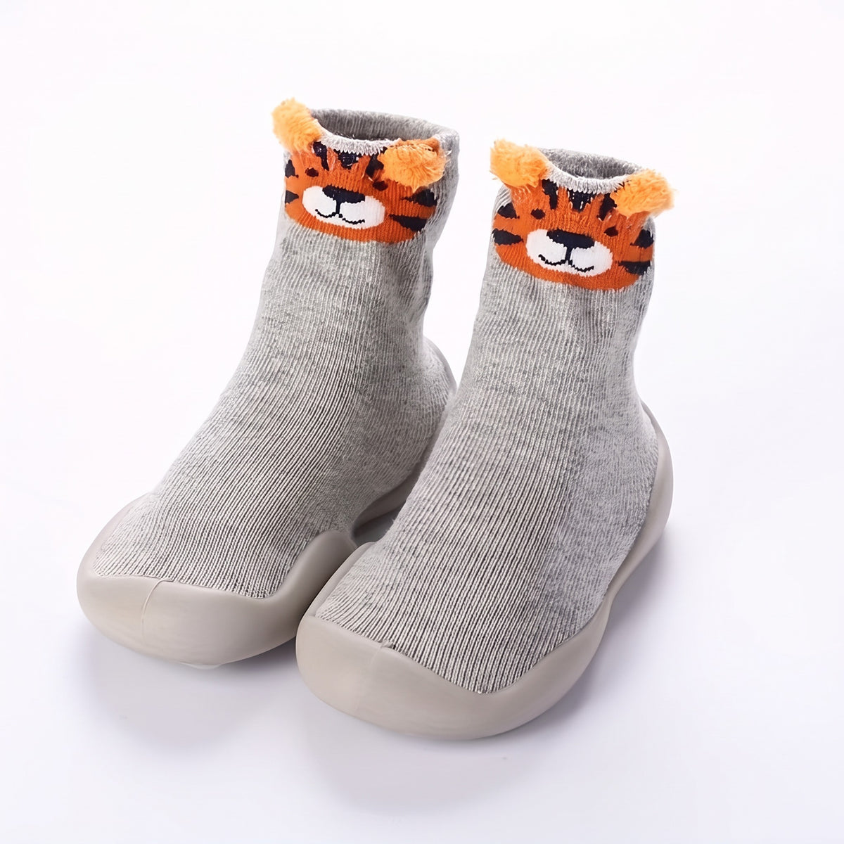 Buty skarpetkowe dziecięce z główką zwierzątka, szary tygrys