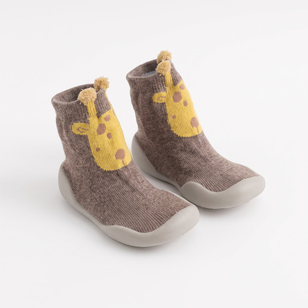 Buty skarpetkowe dziecięce z główką zwierzątka, brązowa żyrafa