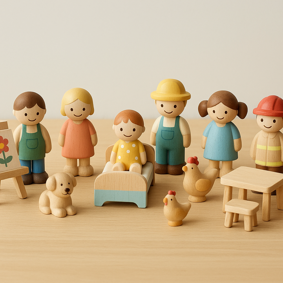Drewniany Zestaw Figurek – Postacie z Akcesoriami do Zabawy Tematycznej