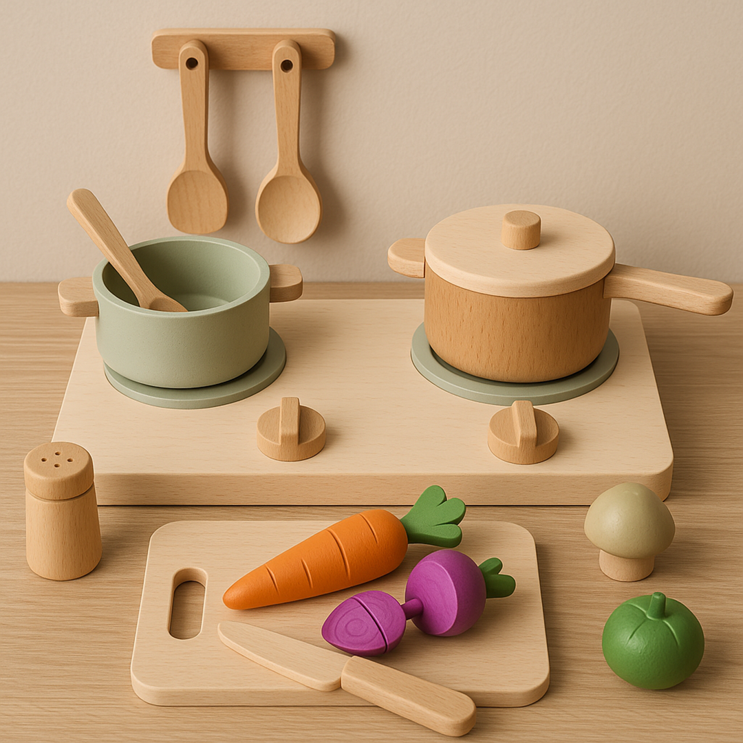Drewniany Zestaw Kuchenny – Akcesoria do Zabawy w Gotowanie