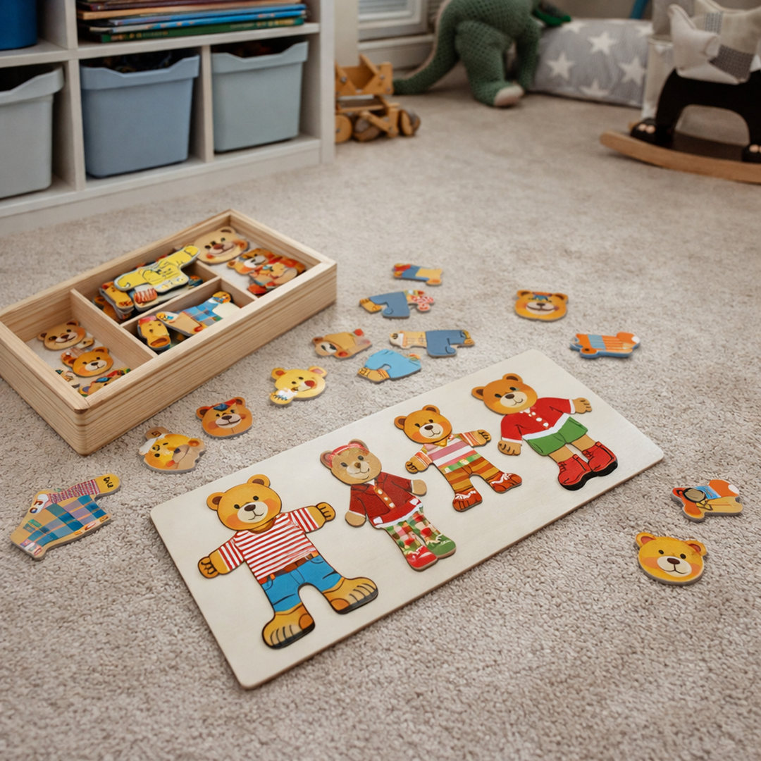 Drewniana układanka do ubierania – Zabawka edukacyjna Boris rozwijająca motorykę małą