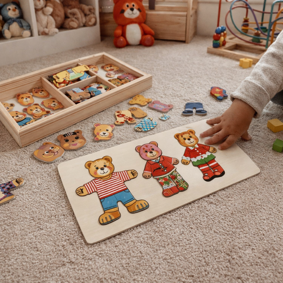 Drewniana układanka do ubierania – Zabawka edukacyjna Boris rozwijająca motorykę małą